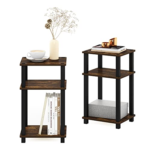 Image of Furinno JUST Side Table Set of 2, 3-Tier Open Shelf End Table, Toolless Assembly Night Stand, Bedside Table with Square Tube, for Living Room, Bedroom, Amber Pine