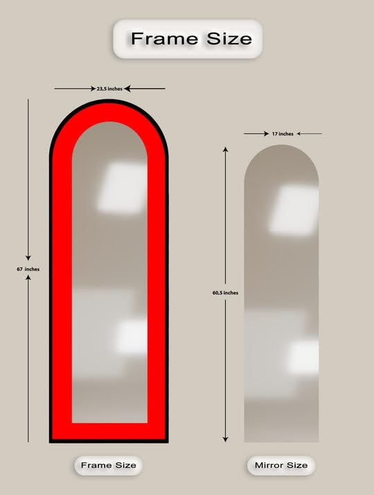 Specchio da terra astratto a lunghezza intera, 68,3 x 168,2 cm, rosso, specchio da pavimento colorato con cornice nera