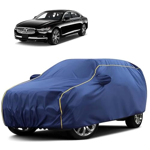Image of Sulfar 100% Water Resistant Car Body Cover Compatible with Mirror for Volvo S 90 (Triple Stitched, Full Bottom Elastic, Blue Tafetta with Yellow Piping)