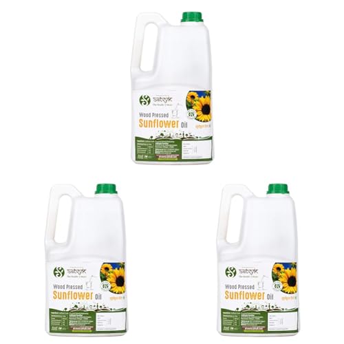 Image of S Siddhagiri's SATVYK THE HEALTH re STORE Wood Pressed Sunflower Oil - (5Ltr Can) - | Unrefined Cooking Oil| Wooden Ghani | High in Anti-Oxidants | Kachi Ghani Sunflower Oil (Pack of 3)