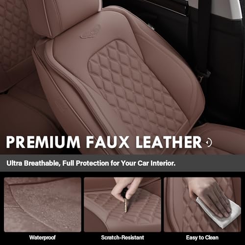 Image of Coverado Full Set Car Seat Covers, Brown Leather Seat Protectors for Cars, Waterproof Luxury Front & Back Car Seat Covers, Universal Fit for Most Cars-Brown