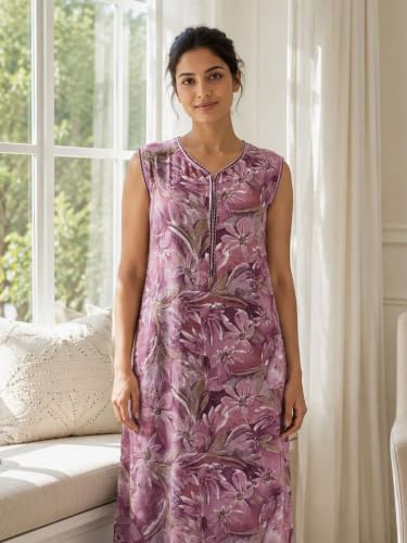 Image of 9shines Label Alpine Sleeveless Nighty | All Over Print Maxi for Women | Night wear for Women | Full Length Night Gown for Women | Night Dress for Women Stylish (Alpine Sleeveless 24)