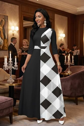 Image of FANDEE Womens Elegant Maxi Dresses Mock Neck Colorblock Casual Long Dress