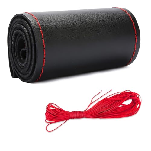 Image of Hbxdeco Leather Steering Wheel Cover, DIY Sewing with Needle & Thread, Breathable Anti-Slip Car Steering Wheel Protector, Universal 15 Inch Auto Steering Wheel Stitch on Wrap (Black & Red, Glossy)