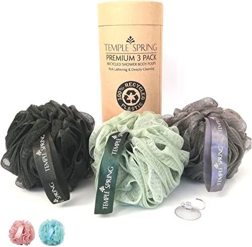 Temple Spring Loofah De Ducha, juego de puf de baño reciclado, paquete de 3 exfoliantes corporales, esponja de ducha/coletero exfoliante - Verde de agua