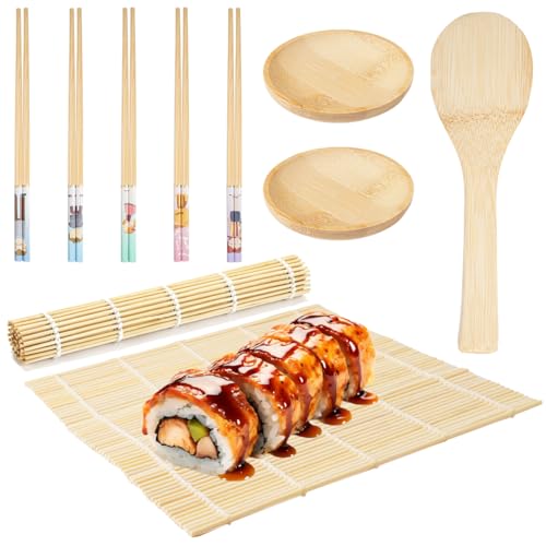 10 Pezzi Sushi Kit in Bambù per Arrotolare, 2 Stuoia Sushi e 5 Paia di Bacchette, Oltre a 1 Cucchiaio per Riso e 2 Piatti per Condimento, Adatti ai Principianti Nella Preparazione