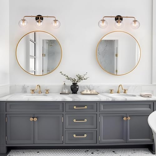 Image of KSANA Black and Gold Bathroom Light Fixtures, 3-Light Globe Vanity Lights for Bathroom with Seeded Glass Lampshade, Modern Bathroom Vanity Lighting Light Fixtures Over Mirror
