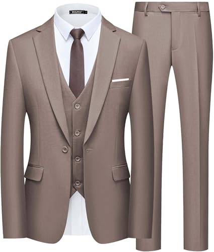 Image of WULFUL Men's Slim Fit Suit One Button 3-Piece Blazer Dress Business Wedding Party Jacket Vest & Pant