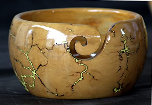 Image of Lichtenberg Figure Yarn Bowl - Handmade Wooden Yarn Bowl for Knitting Yarn Ball Holder - Yarn Bowls with Holes Crochet Bowl Holder - Yarn Storage Bowl 7 inch x 4 inch inches (Yellow Resin Yarn Bowl)
