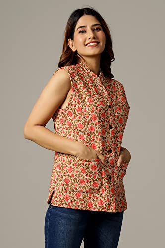 Image of Ravaiyaa - Attitude is everything Women's Floral Printed Reversible Quilted Jacket Coat Blazer Jacket Sleeve Less Waistcoat
