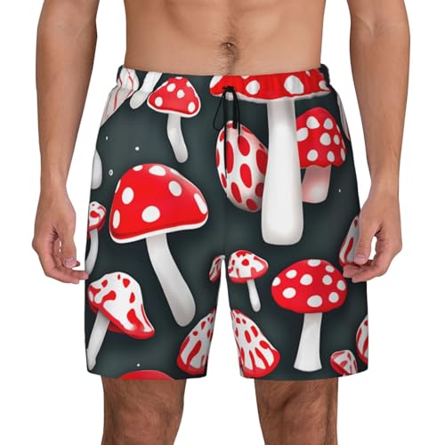 Men's Red White Mushroom Print Quick-Dry Mesh Swim Trunks Stretch Lining Beach Shorts Surfing Summer Vacations2