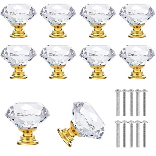 Elegance-go Bouton de Porte de Cristal,10 Pièces Poignee De Meuble Diamant Poignée Boutons Décoration de Armoire Boutons De Tiroir En Cristal avec Vis pour...