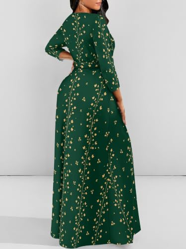 Image of Women Plus Size Long Sleeve V Neck Maxi Dress with Belt | Soft fabric relaxed fit three quarter sleeve v neck with pockets for party and daily wear