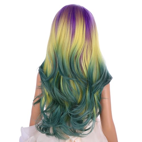 Image of PATTNIUM Mardi Gras Wig for Girls Kids Purple Yellow Green Ombre Wig Long Multi Color Wavy Curly Wigs Children Colorful Middle Part Synthetic Wigs