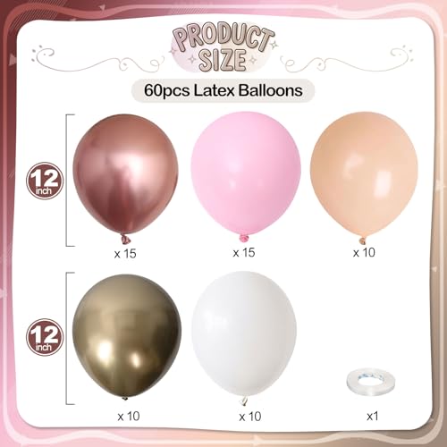 Image of Rose Gold Balloons, 60 Pcs 12 Inch Nude Pastel Pink Balloon, Beige Metallic Gold Matte White Balloon for Boho Wedding Bridal Shower Mother Day Princess Party Girl Women Birthday Baby Shower Decoration