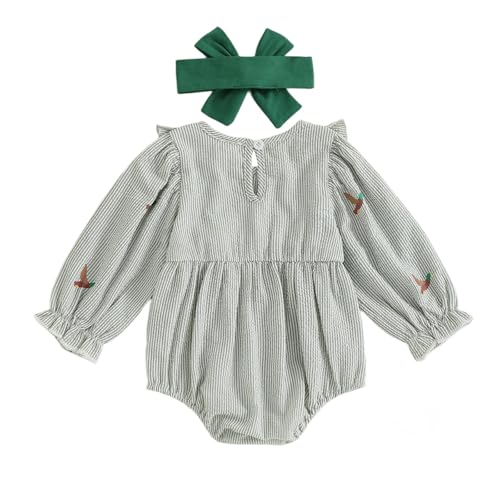 Newborn Baby Girls Duck Fall Clothes Striped Duck Embroidery Ruffled Long Sleeve Bubble Romper with Headband Set2