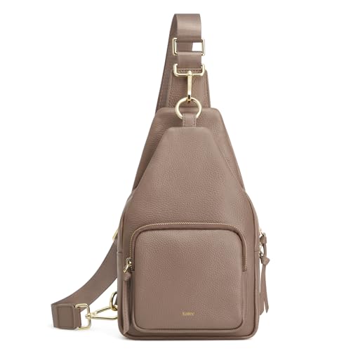 Image of Kattee Small Leather Sling Bag for Women with RFID Blocking,Khaki | Top grain pebbled leather with RFID blocking, multiple pockets, and a convertible strap for travel.