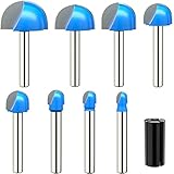Dlantool 1/4 Inch Shank Round Nose Cove Core Box Router Bit Double Flute Woodworking Tool- 1/4' 5/16' 3/8' 1/2' 5/8' 3/4' 7/8' 1' Cutting Diameter Solid Carbide Router Bit for Woodworking-8Pcs
