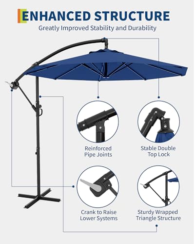 Cantilever Umbrella with Cross Base, 10FT Shade for 2-6 People, Outdoor Offset Design with Infinite Tilt and Crank Lift, Fade-Resistant Cross Base Canopy for Deck Pool Garden Backyard,Navy Blue