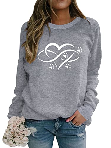 Dresswel Damen Hundepfote Druck Sweatshirt Herzmuster Pullover Basic Tops Rundhals Langarmshirt Oberteile Herbst Winter