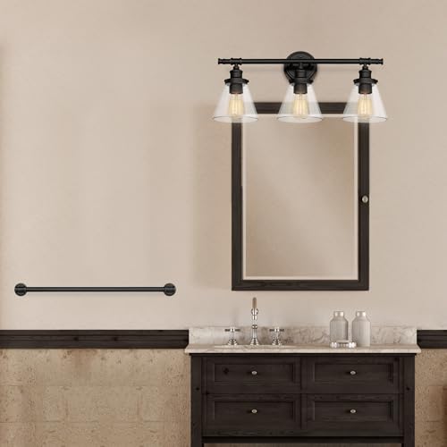 Image of Globe Electric 50192 Parker 5-Piece All-In-One Bathroom Set, Oil Rubbed Bronze, 3-Light Vanity Light with Clear Glass Shades, Towel Bar, Towel Ring, Robe Hook, Toilet Paper Holder, Oil-rubbed Bronze