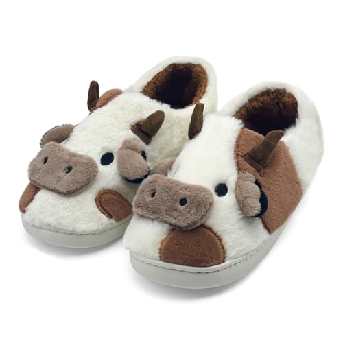 prechentty Cow Slippers for WomenCute Animal Ladies Slippers Mens Comfy Fluffy Warm Winter House Shoes Indoor Outdoor Brown Size 2.5/3.5 UK