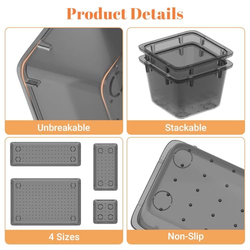 15 PCS Clear Plastic Drawer Organizer Set, 4-Size Acrylic Drawer Storage Trays, Storage Bins for Makeup, Gadgets, and Jewelry in Bathroom, Bedroom and Office, Clear Black - Image 5