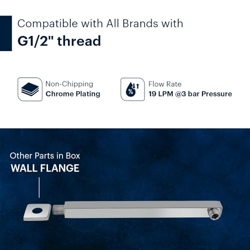 Image of Johnson Square Shower Arm 12 inches long with wall flange | Brass Material | Anti-Corrosion Shower Holder for Overhead Showers | 2 Year Warranty (S0001C2 - Chrome)