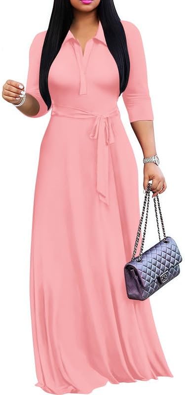 Maxi Dresses for Women Casual V Neck 3/4 Sleeve Long Church Dress Semi Formal Outfits with Pockets