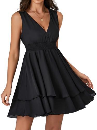 Image of Rooscier Women's Layer Ruffle Flowy Wrap V Neck Casual Dress Sleeveless Smocked Summer Mini Dress