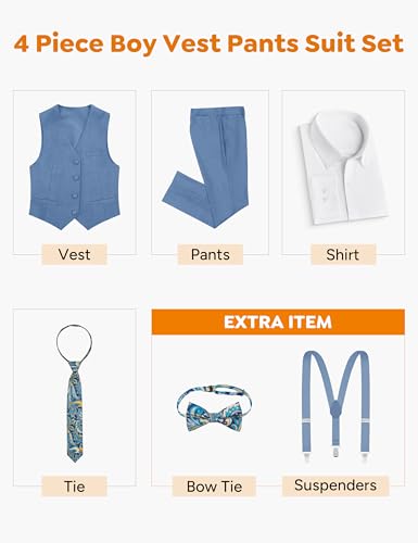 Image of Boys Suit Vest Set 4 Pieces Slim Fit Kids Blue Gray Formal Vest and Pants Set for Wedding Ring Bearer, Easter, First Communion, Confirmation, Graduation Little Boys Size 6