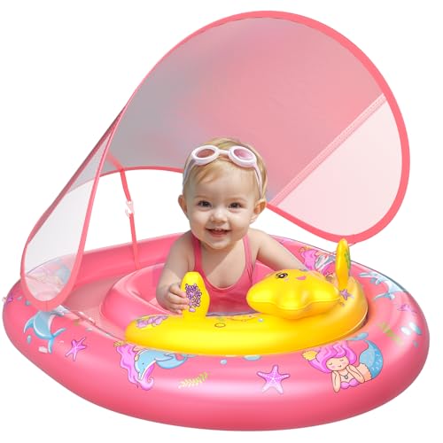 Image of WayEee Baby Pool Float with UPF50+ Canopy - Inflatable Swim Float, Adjustable Safety Seat, Toy Play Console, Sun Protection for Baby 6-36 Months, Infant, Todder Summer Gift, Pool, Bathtub, Beach