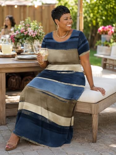 Image of SUZONANA Plus Size Maxi Dress for Curvy Women Summer Casual Sundress Short Sleeve Loose Vacation Dress