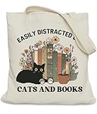 LUERHUI Cat Bookish Gifts Tote Bag for Book Cat Lover, Easily Distracted by Cats and Books Tote Bag