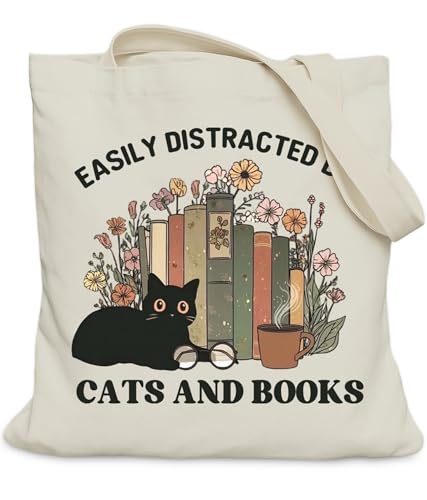 LUERHUI Cat Bookish Gifts Tote Bag for Book Cat Lover, Easily Distracted by Cats and Books Tote Bag