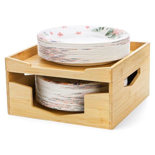 Yarlung Bamboo Paper Plate Dispenser Holder for 8-10 inch Plates and Air Fryer Liners Portable Stackable Disposable Plates Organizer for Kitchen Cabinet and Countertop Storage