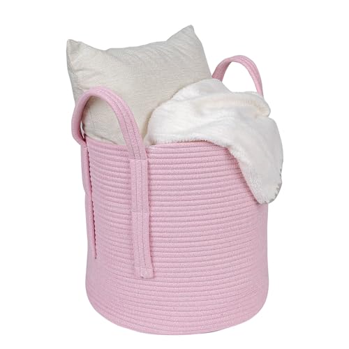 CubesLand Pink Laundry Basket,Laundry Hamper Basket Bin for Laundry,Blanket Basket,Woven Rope Clothes Hamper,Blanket Basket for Living Room,Durable Soft Large Bin Basket with Handle,Round 35L