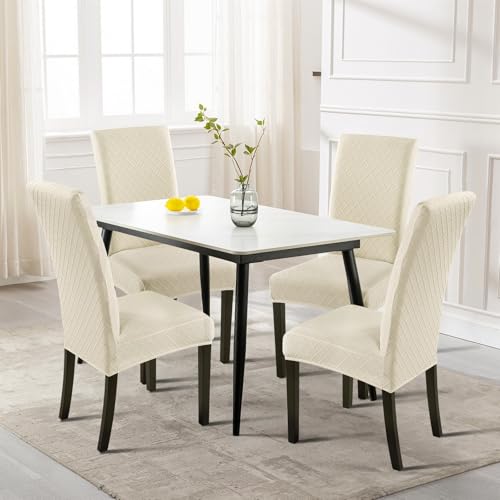Image of SearchI Waterproof Dining Room Chair Covers Set of 4, Stretch Jacquard Parsons Chair Slipcovers Removable Washable Kitchen Chair Protector for Dining Room, Hotel, Banquet(Beige Rhombus)