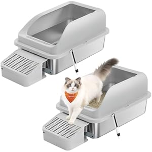 Feandrea 2 Pack Stainless Steel Cat Litter Boxes with Open Top, High Sided Litter Trays with Step, Scoop, Brush, for Cats up to 33 lb, Light Gray UPPT012GD01 Light Gray 24.4"L x 16.5"W x 11.