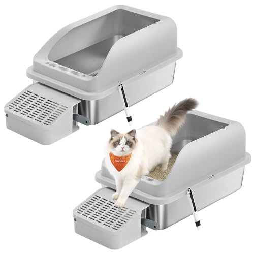 Feandrea 2 Pack Stainless Steel Cat Litter Boxes with Open Top, High Sided Litter Trays with Step, Scoop, Brush, for Cats up to 33 lb, Dove Gray UPPT0