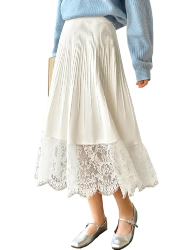 Women's White Elastic High Waist Knitted Lace Stitching Midi Skirt