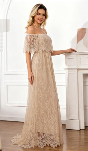 Image of HOYISHION Women's Off The Shoulder Floral Lace Maxi Dress White Bridesmaid Wedding Party Maternity Photoshoot Long Dresses