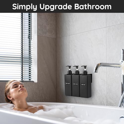 Image of Segbeauty Wall Mounted Shower Dispenser, 3pcs 16.9oz Drill Free Matte Black Bathroom Soap Dispenser Set, 500ml Refillable Shampoo and Conditioner Bottles Plastic Pump Bottle Dispenser with Labels