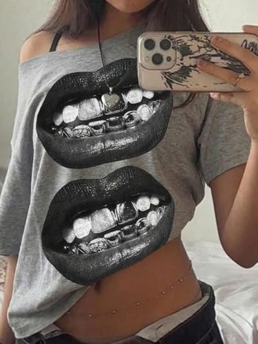 Image of SXV STYLE Casual Minimalist Lip Print Off-Shoulder Loose Short Sleeve T-Shirt