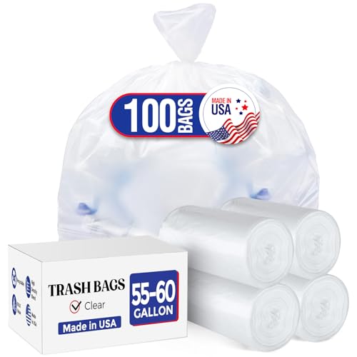 Delxo 55-60 Gallon Clear Trash Bags, 100 Count – 0.9 Mil Medium Duty Garbage Bags, Thick, Durable & Puncture-Resistant Plastic, Perforated Design – Made in USA for Kitchen, Yard, Office & Party
