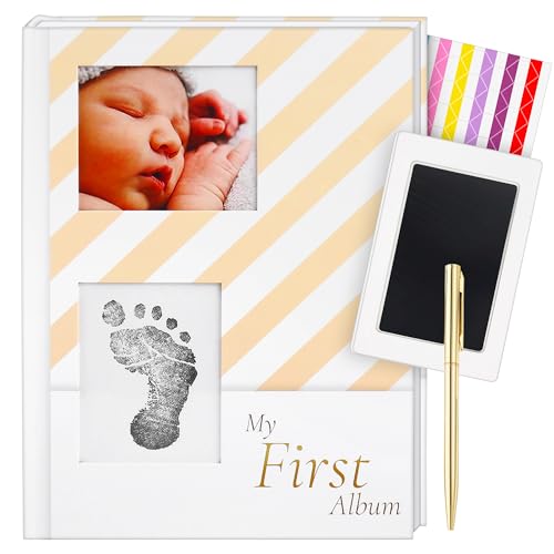 Image of Keepsake Baby Memory Book to Record Every Event from Birth to Age 5, Gender Neutral Journal for baby, Baby Photo Album with an inkpad, Gold pen and 3 stickers
