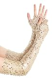 BABEYOND Damen Lange Pailletten Handschuhe - Elegante Glitzer Opernhandschuhe Atmungsaktiv Netzhandschuhe Bühnenhandschuhe für Weihnachten, Fasching, Hochzeit, Oper Party Karneval Gold