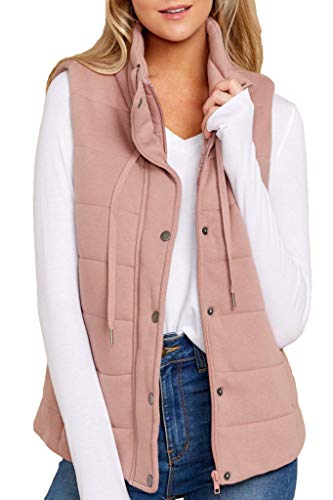 ReachMe Womens Quilted Vest with Hood Zip Up Padded Vest Sleeveless Puffer Jacket with Pockets(Pink,2XL)