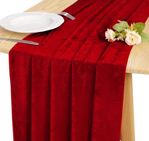JALANCY Velvet Table Runner 20 x 120 Inches 10ft Luxurious Thick Soft Velvet Valentine's Day Christmas Thanksgiving Wedding Reception Table Runner for Party Reception Decorations(Red, 1 Pack)