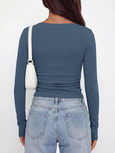 BTFBM Womens Long Sleeve T Shirts Spring Clothes 2026 Ribbed Slim Fit Boat Neck Casual Going Out Tops Workout Outfits(Grey Blue, X-Small) - image 3